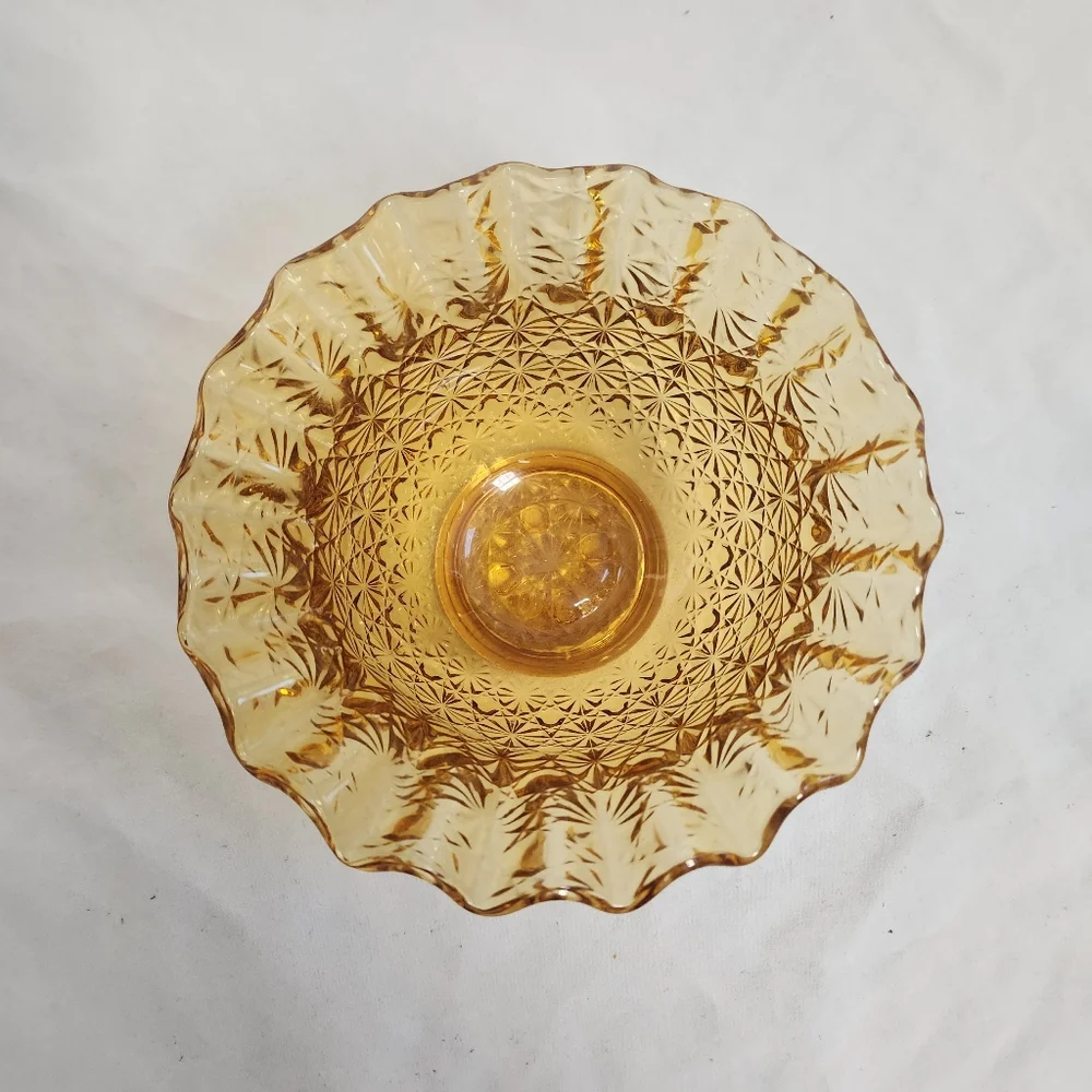 LE Smith Amber Daisy and Button Glass Candy Dish Bowl